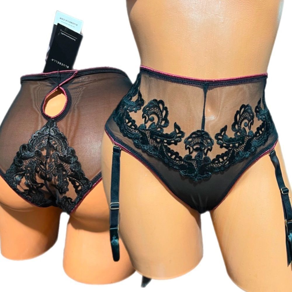 BLUEBELLA Mara High Waist Suspender Brief mesh Floral Appliqué Garter Black S
